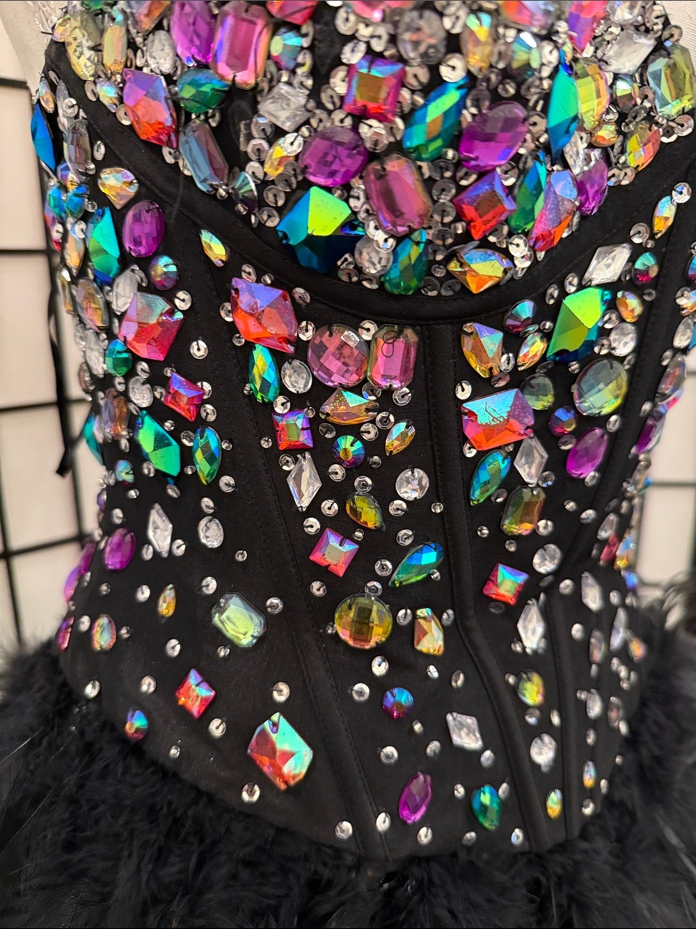 Black Feathered Bodice Dress with Multicolor Gem Embellishment lace up back - Picture 2 of 3